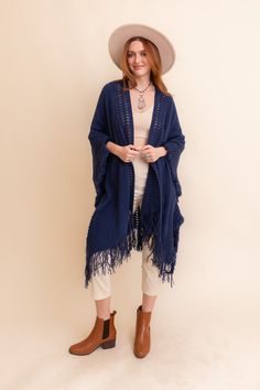 Open Work Frayed Bohemian Ruana Ponchos Navy Sorority Rush Dresses, Cozy Wrap, Bachelorette Dress, Casual Bodysuit, Rush Dresses, Western Boho, Style Cardigan, Jumpsuit Shorts Rompers, Dressy Tops