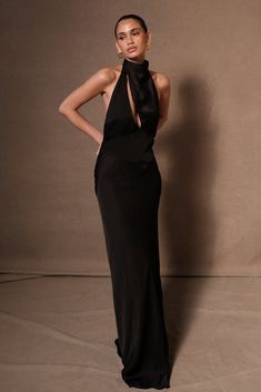 Belladonna Satin Halter Maxi Dress - Black Black Black Tie Dress, Elegant Wedding Guest Dress Summer, Chic Black Maxi Dress, Black Halter Gown, Black Satin Halter Dress, Wedding Guest Dress Elegant, Satin Bridesmaid Dresses Long, Halter Black Dress, Halter Long Dress