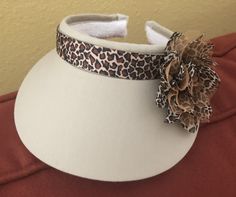 Leopard Print Trimmed Golf Sun Visor in Beige Bone Bordado, Church Lady Hats, Old Bras, Homemade Bows, Womens Visor, Couture Hats, Painted Hats, Purple Beaded