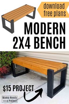 a wooden bench sitting on top of a cement floor next to a planter with text overlay that reads, modern 2x4 bench $ 15 project