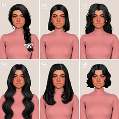 six different poses of a woman's face with long black hair and various hairstyles