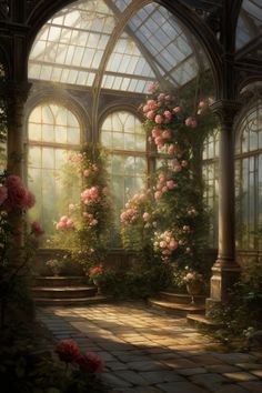 an artist's rendering of a beautiful room with roses in the window sill