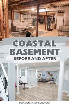 Our unfinished basement transformation to a coastal theme with light blue walls and LVP flooring is nothing short of amazing! See how we remodeled the basement to include a coastal living room, office and gym space.