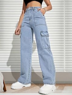 Cheap Washed Blue Cargo Jeans, Cheap Washed Blue Denim Cargo Jeans, Light Wash Recycled Denim Cargo Jeans With Pockets, Mid-rise Light Wash Cargo Jeans With Patch Pockets, Full-length Washed Blue Cargo Jeans, Street Style Cargo, Cargo Denim Pants, Women's Denim Jeans, Womens Summer Shorts