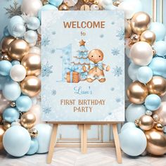 a baby's first birthday party welcome sign with balloons and decorations in the background