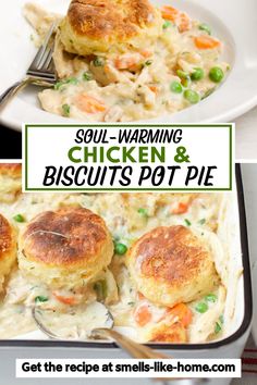 chicken and biscuits pot pie recipe in a white casserole dish with text overlay