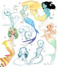 an image of mermaids with their names in the bottom right corner and numbers on each side