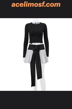 acelimosf™-Long sleeve crewneck bowknot lace up ribbon ruched mini skirt set Ruched Mini Skirt