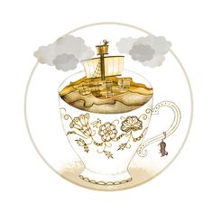 a drawing of a cup with steam coming out of it and a ship in the middle