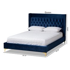 Baxton Studio Valery Modern and Contemporary Navy Blue Velvet Fabric Upholstered Queen Size Platform Bed with Gold-Finished Legs FredCo theFredCo Contemporary Platform Bed, Tufted Platform Bed, King Size Platform Bed, Upholstered Bedroom, Blue Velvet Fabric, Queen Size Platform Bed, Modern Platform Bed, Tall Headboard, Navy Blue Velvet