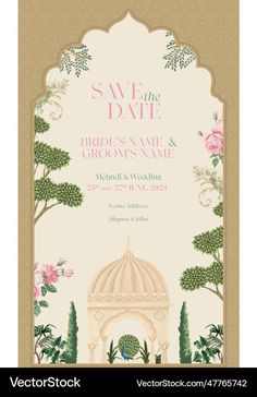 save the date card with an illustration of a gazebo and flowers in pink, green,