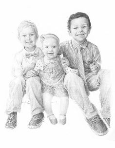 a pencil drawing of three children sitting next to each other