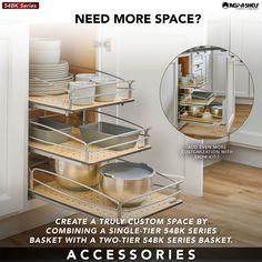 an advertisement for kitchen cabinets with the words, need more space? create a truly custom space by combining a single tier