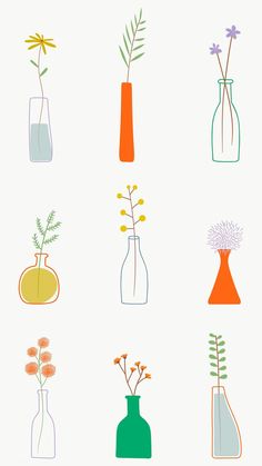 six different vases with flowers in them on a white background, each one has an orange and green color scheme