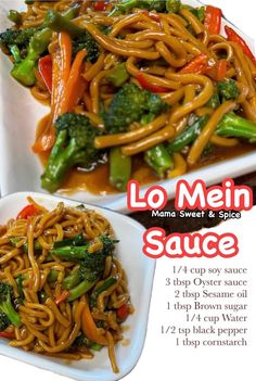 an ad for lo mein sauce with broccoli and noodles in it on a white plate