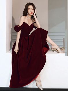 Tea Length Prom Dress, Prom Dress Burgundy, Prom Dresses Burgundy, Dresses Burgundy, Burgundy Evening Dress, Velvet Evening Dress, Prom Dresses Gowns, Burgundy Prom Dress, Burgundy Velvet