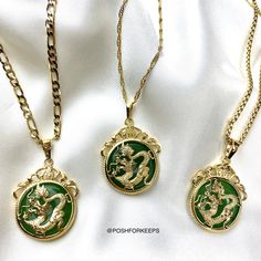 DESCRIPTION: Channeling prosperity and good luck fortune, our 18K Gold Plated Jade Dragon Necklace features the Chinese symbol for fortune over the circular Jade dragon medallion pendant. Attract all the right vibes with this one! MATERIAL: 18K Gold Plated over Stainless Steel. Hypoallergenic, Tarnish Free and Water Resistant. LENGTH: Multiple chain options and sizes available for selection above. Pendant: 1.25 inch Mix and match with any of our 18K Gold Necklaces and Anklets to create the most Heart Initial Necklace, Customized Necklace, Real Gold Necklace, Dope Jewelry Accessories, Gift For Him Birthday, Jade Dragon, African Necklace, 18k Gold Necklace, Gold Medallion