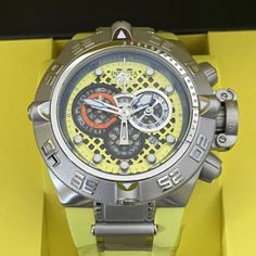 Brand New Invicta Subaqua Iv Mens Swiss Watch Swiss Ronda 5050.E 13 Jewel Quartz Movement All Invicta Boxes, Manuals, Warranty Large Sized 50mm Case (56mm Including Crown) Ultra Rare! Very Few Made. (Less Then Several Hundred) Model 10976 Retail $699 50mm Case (Suitable For Medium/Large Wrists) 26mm Silicone Strap In Hi-Vis Yellow, Black And Gunmetal Accents, With Buckle Clasp 500m Water Resistant Flame Fusion Scratch Resistant Crystal Superluminova Luminous Material Fast Usa Shipping! Modern Yellow Watch With Round Dial, Yellow Watch With Subdials And Round Dial, Luxury Yellow Watch With Subdials, Yellow Analog Watch With Round Dial, Luxury Yellow Watches With Subdials, Modern Yellow Chronograph Watch With Tachymeter, Yellow Watch With Tachymeter And Round Dial, Yellow Chronograph Watch, Modern Yellow Chronograph Watch With Subdials