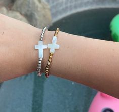 These pearl bracelets can be ordered as a set or alone. Elegant Adjustable Cross Beaded Bracelets, Beaded Cross, Cross Bracelet, Pearl Bracelet, Pearl Beads, Mother Of Pearl, Jewelry Bracelets, Bracelet, Collar