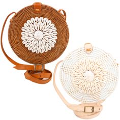 Introducing our Bali Round Rattan Crossbody Bag with Seashell Embellishment and Adjustable Strap! This stunning bag is handcrafted from natural rattan and features a beautiful array of carefully selected seashells that are individually placed by hand. The adjustable strap allows you to customize the fit to your liking, making it the perfect accessory for any occasion. The circular design of the bag adds a touch of bohemian elegance, and the seashell embellishments bring a touch of natural beauty Artisan Beach Bag With Adjustable Strap, Handmade Crossbody Beach Bag, Artisan Shoulder Bag With Adjustable Strap For Beach, Handmade White Beachy Bag, Artisan Beach Shoulder Bag With Adjustable Strap, White Handmade Beachy Bag, Summer Beach Bags Made Of Shell, Summer Beach Bags With Shell Material, Handmade Shell Bags For Beach