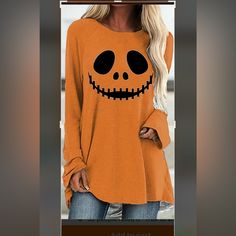 Long Tshirt For Halloween. Never Worn! Cute With Black Leggings! Spooky Orange T-shirt For Fall, Spooky Orange Long Sleeve Tops, Orange Long Sleeve Spooky Top, Spooky Orange Crew Neck Top, Casual Orange Tops For Halloween, Orange Cotton Tops For Halloween, Spooky Long-sleeve Orange T-shirt, Spooky Orange Long Sleeve T-shirt, Spooky Long Sleeve Orange T-shirt