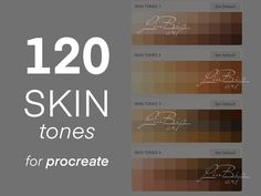 the text reads 120 skin tones for procreate, with different shades and sizes