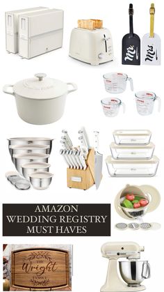 many different types of kitchen appliances and utensils are shown with the words amazon wedding anniversary must haves