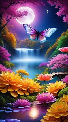 a painting of flowers and a butterfly flying over a waterfall in the night sky with a full moon behind it