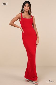 Bring an elevated sparkle wherever you go in the Lulus Timeless Poise Red Rhinestone Square Neck Backless Maxi Dress! This luxe dress has a stretchy techno crepe fabrication that falls from wide straps into a flattering square neckline that continues into a scoop back, all adorned with sparkling rhinestone trim. A princess-seamed bodice and a fitted waist sit atop a figure-skimming column skirt that finishes at an elegant maxi hem. Kick pleat at back allows for movement. Hidden back zipper/clasp. Fit: This garment fits true to size. Length: Floor length. Size medium measures 61.5" from shoulder to hem. Bust: Great for any cup size. Waist: Fitted - very fitted at natural waist. Hip: Loosely Fitted. Undergarments: May be worn with an adhesive bra, petals, or no bra. Fabric: Fabric is very st Black Tie Party Outfit, Red Valentines Day Dress, Luxe Dress, Black Tie Formal, Black Tie Party, Casual Formal Dresses, Red Sleeveless Dress, Backless Maxi Dress, Column Skirt