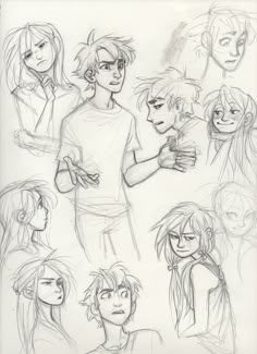 some sketches of people with different expressions and hair styles, one is holding something in his hand