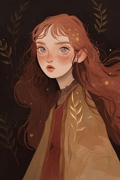 a painting of a girl with long red hair wearing a brown coat and gold leaves