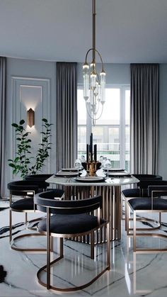 an elegant dining room with black and white marble flooring, chandelier and chairs