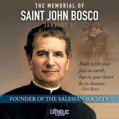 the memorial of saint john bosco is shown in this poster for an upcoming event