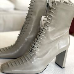 Light Grey Zara Boot. Lace Up The Front, Side Zipper, Heel Boot. Never Worn, New With Tags. Zara Elegant Heeled Boots For Spring, Elegant Zara Heeled Boots For Spring, Elegant Zara Boots For Spring, Formal Lace-up Boots For Spring, Zara Boots For Spring Formal Occasions, Designer High Heel Boots For Spring, Zara Boots For Evening In Spring, Zara Evening Boots For Spring, Zara Formal Boots For Spring