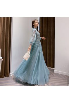 Light Blue Princess Dress For Prom, Light Blue Princess Style Prom Dress, Princess Style Light Blue Prom Dress, Princess Style Evening Dress For Party Season, Spring Tulle Long Sleeve Evening Dress, Spring Long Sleeve Tulle Evening Dress, Elegant Light Blue Dresses For Party Season, Elegant Light Blue Dress For Party Season, Light Blue Maxi Evening Dress For Party