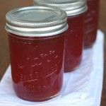 three jars filled with red liquid sitting on top of a white napkin