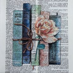 an altered book page with books and a rose on it's cover, as well as the words