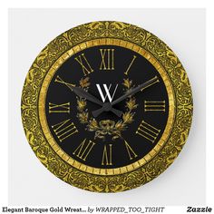 an ornate gold and black wall clock with roman numerals on the face is shown