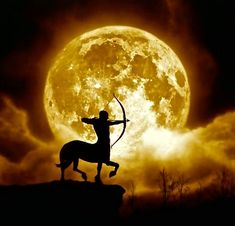 the silhouette of a person on a horse with a bow and arrow in front of a full moon