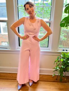 Vintage 70s blush light pink jumpsuit with sequin beading, metal Talon zipper, and belt loops. Small hole was repaired by yours truly on leg inseam (barely noticeable). Note - the back is quite wrinkled in photo, will dry clean/dewrinkle. Designer: Imperial Designs of Fred Rothschild Dimensions -  pit to pit 18.5"  bust: 36" waist: 29" inseam: 28" Model is 5'6 with a 36" bust, 29" waist, and 37" hips. Light Pink Jumpsuit, Blush Pink Jumpsuit, Imperial Design, Womens Jumpsuits, Pink Jumpsuit, Sequin Beading, Yours Truly, Vintage 70s, Jumpsuits For Women