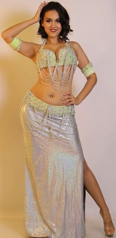 Light Green And Silver Sahar Okasha Costume.Skirt included.Two Armbands Included. Egypt Queen, Coin Belt, Beaded Scarf, Green Cups, Beaded Skirt, Hip Scarves, Yellowish Green, Green And Silver, Dress Home