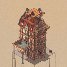 a drawing of a house with an attic on the roof and two stories above it