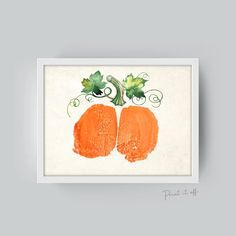 a painting of two pumpkins with green leaves on it's top and bottom