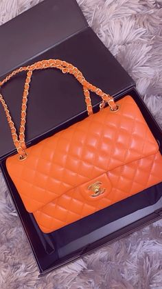 Orange Chanel Bag Outfit, Chanel Bag Classic, Orange Purse, Lv Bags