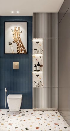 a bathroom with a giraffe painting on the wall next to a white toilet