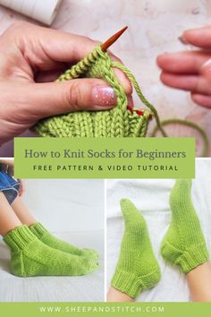 two pictures showing how to knit socks for beginners with text overlay that reads, how to knit socks for beginners