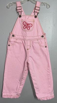 "Labeled sz 24 months/ Cute button side and stripped Oshkosh overalls / Waist 10 1/2\"/ inseam 11\" / length (shoulder straps fully extended to bottom leg) 27 1/2\"/ ruffle bottom leg hems❤️ / smoke free environment (00)" Spring Pink Bib Front Overalls, Overalls Pink, Striped Overalls, One Year Pictures, Oshkosh Overalls, Toddler Overalls, Girls Overalls, Spelling Bee, Handmade Clothes