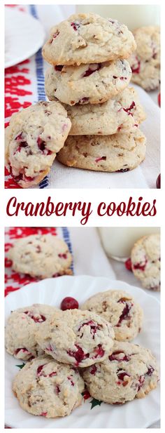 cranberry cookies are stacked on top of each other and ready to be eaten