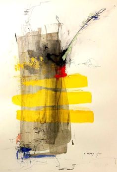 an abstract painting with yellow and grey colors