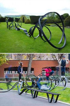 there are two pictures of people playing in the park and one is on a bench